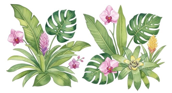 Lush tropical foliage with vibrant pink orchids and bromeliads