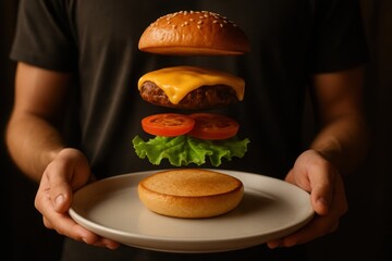 Floating burger layers with bun, cheese, patty, tomato, and lettuce arranged above a plate held by a man in dark background