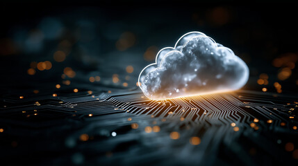 Digital Cloud on Circuit Board: A luminous, glowing cloud icon hovers above an intricate circuit board, symbolizing the digital frontier of data storage and network communication.