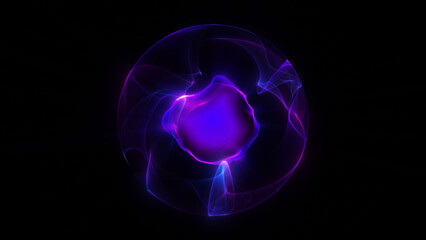 Purple energy magic sphere with glowing blue core, light rays, waves, lines, and energy particles on a futuristic space background. Abstract high-tech digital orb perfect for sci-fi visuals, technolog