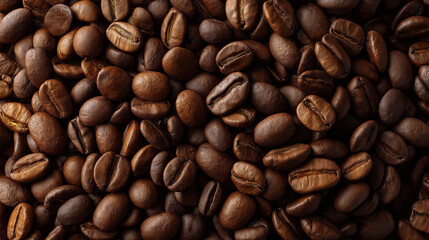 Fototapeta premium Roasted Coffee Beans: An inviting close-up showcases a rich tapestry of roasted coffee beans, their textures and colors telling tales of warmth and awakening. The scene is a symphony of aroma.