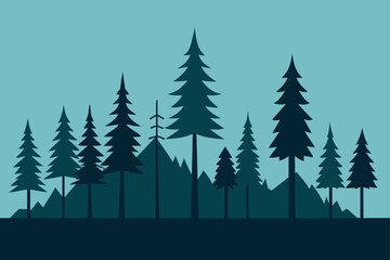Obraz premium Silhouette of pine trees and mountains in the forest
