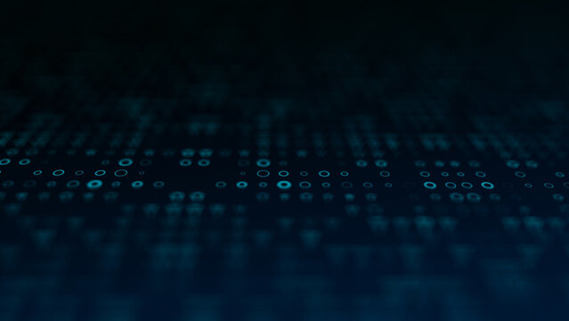 Flowing stream of glowing binary code in a dark digital space representing data flow and advanced technology. Abstract futuristic design perfect for digital art, technology visuals, sci-fi backgrounds