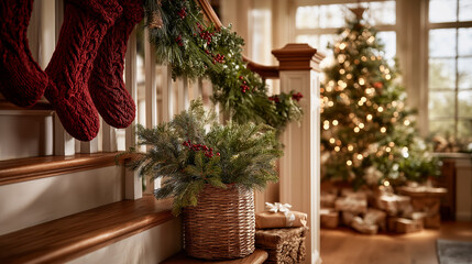Obraz premium Cozy Christmas Decorations: Capturing the enchanting ambiance of the festive season, a decorated staircase leads to a beautifully illuminated Christmas tree.