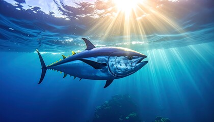 Tuna fish swimming in deep blue ocean, sunlight beams down