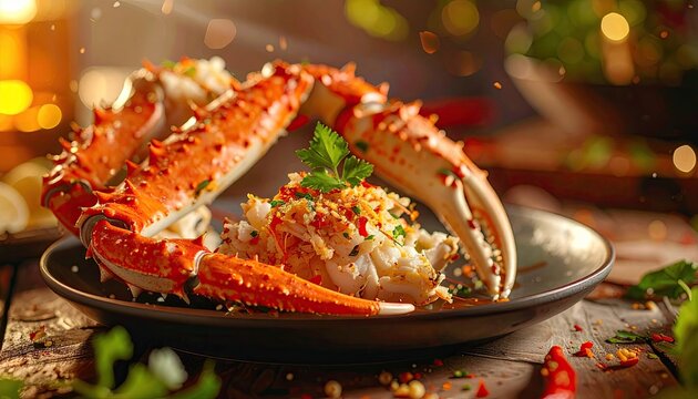 Cooked Crab Dish with Mint Garnish on Plate Close Up