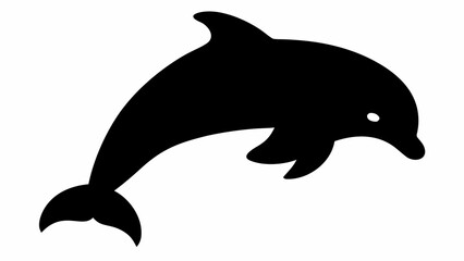 A black silhouette of a dolphin leaping upwards with a visible eye and flippers on a white background