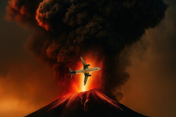 Airplane flying over erupting volcano spewing smoke and lava under dramatic fiery sky