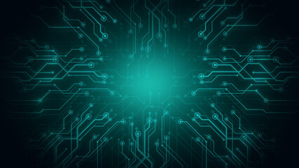 Circuit board CPU processor with glowing electrons and AI microchip elements. Green and turquoise cyber background with motherboard graphics. Perfect for technology visuals, futuristic digital art, sc