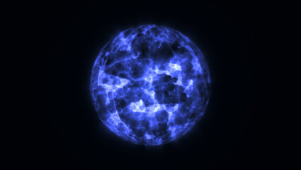 Blue glowing sphere on a black background, abstract energy orb with neon halo and sci-fi plasma effects, futuristic technology concept, digital light design, perfect for AI themes, innovation backgrou