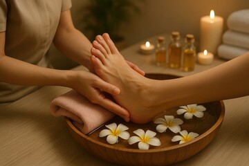Woman receiving relaxing foot massage from therapist with candles, oils, and frangipani flowers in soothing spa atmosphere