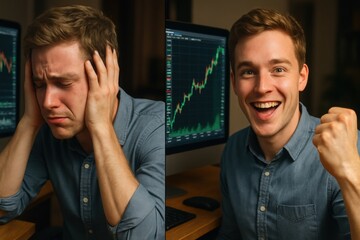 Young businessman reacting to stock market success and failure showing emotional contrast beside trading charts