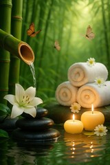 Zen bamboo spa scene with candles, white lily, rolled towels, and flowing water in natural setting