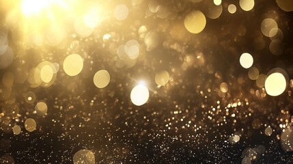 Golden bokeh light spots on a black background create a blurred backdrop, suitable for text or brand display, and perfect as a luxurious wallpaper for media, marketing, web, and art.