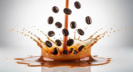 Roasted coffee beans plunge into dark liquid, creating an energetic splash, capturing the invigorating essence of a fresh brew and aromatic delight
