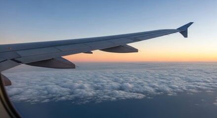 Obraz premium View from an aircraft window a wing extends over a blanket of clouds and ocean, with a vibrant sunset horizon