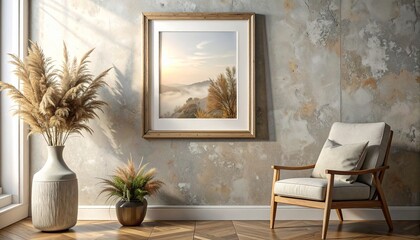 Elegant interior design featuring a photo frame mockup with pampas grass and a comfortable armchair on a wooden floor
