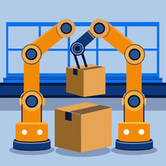 Automated robotic arms moving boxes in a modern factory