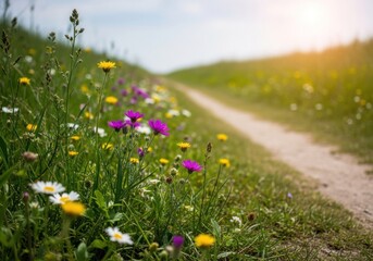 Obraz premium Sunlit meadow path lined with colorful wildflowers under a clear sky