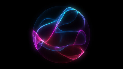 Curved red and blue energetic sphere with glowing laser electric smoke in soft pink and blue hues. Scientific and technological round shape. Modern, fashionable neon orb perfect for abstract visuals, 