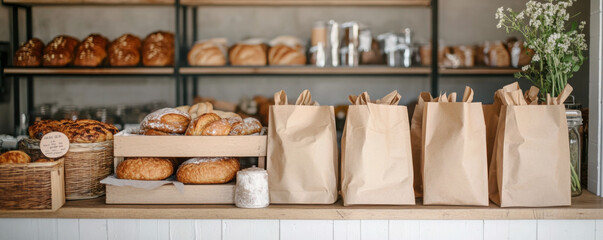 Fresh bakery delivery artisan bread and pastries cozy bakery shop warm atmosphere food photography