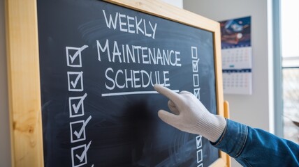 Safety training workplace routine concept. Weekly maintenance schedule checklist on a chalkboard with a hand pointing at it.