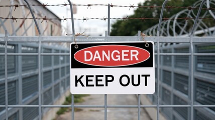 Safety training workplace routine concept. Danger sign on a fence warns to keep out, emphasizing security and caution in an industrial setting.