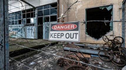 Safety training workplace routine concept. Abandoned building with a "Danger Keep Out" sign and barbed wire fencing.