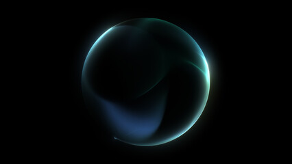 Soft light deep blue sphere with blue and yellow glowing reflections, abstract design featuring smooth liquid flow and neon particle waves, futuristic digital concept symbolizing energy and technology