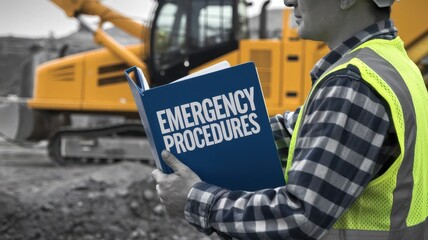 Safety training workplace routine concept. Construction worker reviewing emergency procedures with machinery in the background.