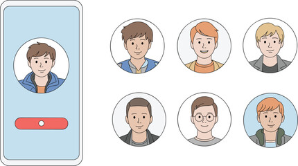 Fototapeta premium Cartoon men profiles in social media app
