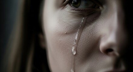 Close-up of a woman's face with a tear rolling down her cheek, conveying sadness and emotion.