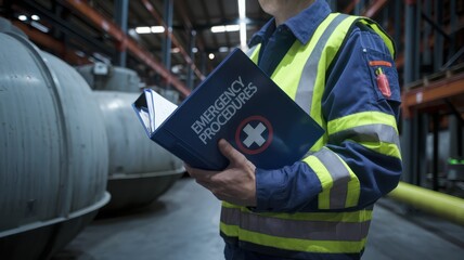 Safety training workplace routine concept. Worker reviewing emergency procedures in a warehouse setting.