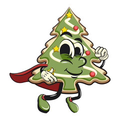 cute christmas tree cookie mascot cartoon character as flying superhero wearing a robe, vector illustration isolated, work of hand drawn