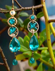 Turquoise dangle earrings on a branch