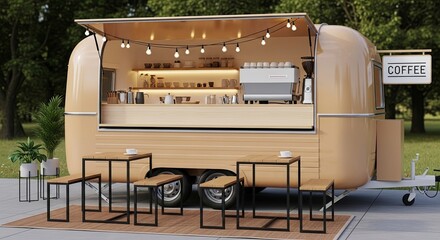 Charming mobile coffee trailer in an outdoor park, featuring ambient string lights, modern seating, and delicious artisan beverages for patrons