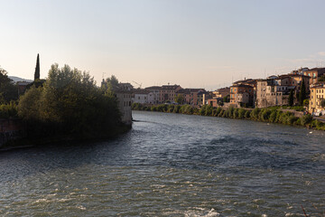 Panoramic View of a Historic Italian Town on the River Adige