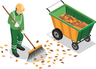 Isometric street cleaner sweeping leaves autumn seasonal cleanup vector design