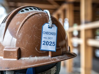 Safety training workplace routine concept. Hard hat with a check tag, indicating maintenance and safety compliance in a construction environment.