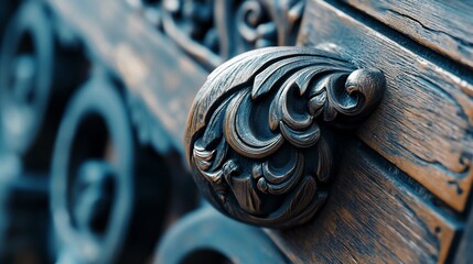 Ornate Metalwork Detail: Intricate Floral Design on Weathered Wood, Close-Up