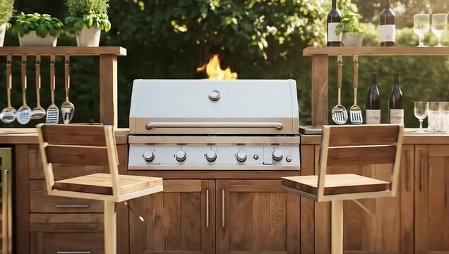 Luxury Custom Outdoor Kitchen With Built-In Stainless Steel Grill Wood Cabinetry And Wine Cooler
