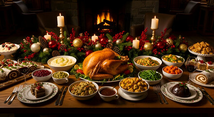 A Festive And Abundant Holiday Feast Prepared And Served On A Wooden Table
