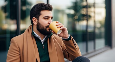 Stylish bearded man in a warm brown coat enjoying a refreshing beverage from a disposable cup while relaxing outdoors in a modern urban environment, capturing a moment of contemporary city life