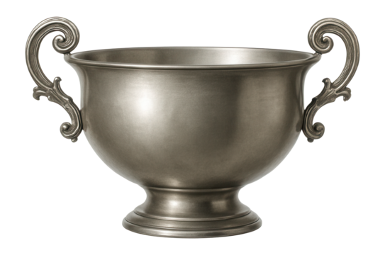 Elegant pewter salad bowl with decorative handles, perfect for a traditional home.