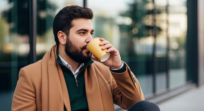 Stylish bearded man in a warm brown coat enjoying a refreshing beverage from a disposable cup while relaxing outdoors in a modern urban environment, capturing a moment of contemporary city life - Powered by Adobe