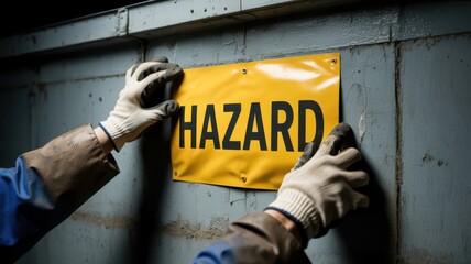 Safety training workplace routine concept. A person placing a hazard sign on a surface with protective gloves.