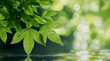 Serene Maple Leaf Reflection: Dewdrops, Water Ripples, and Lush Greenery
