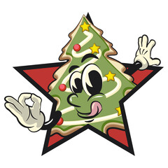 cute christmas tree cookie mascot cartoon character out from of a star by giving an OK sign, vector illustration isolated, work of hand drawn