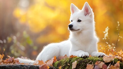 Serene White Husky Puppy Resting on Mossy Rock Amidst Autumn Leaves