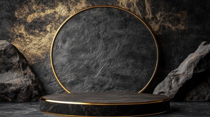 Dark stone podium, gold trim, rocky background; product display